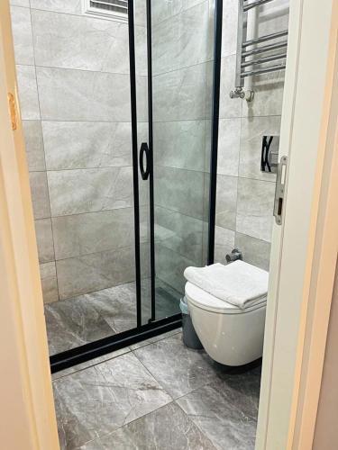 a bathroom with a toilet and a glass shower at Cantrmen Suites in Istanbul