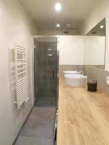 une salle de bain avec un lavabo et une douche en verre dans l'établissement The Blue House, à Paris