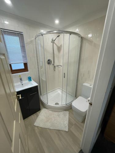 a bathroom with a shower and a toilet and a sink at Nelly's Nest in Bridlington