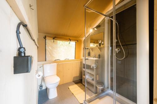 a bathroom with a toilet and a glass shower at Glampingzelt Family - Lodge in Soltau