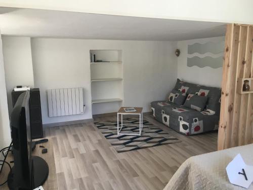 ein Wohnzimmer mit einem Sofa und einem TV in der Unterkunft villa les mimosas in Antibes