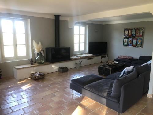 a living room with a couch and a flat screen tv at Les Hauts de Diane, CUERS var in Cuers