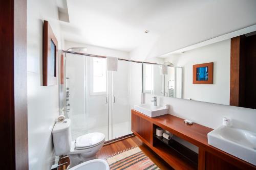 La salle de bains est pourvue de toilettes, d'un lavabo et d'une douche. dans l'établissement Villas do Agrinho, à Valdosende