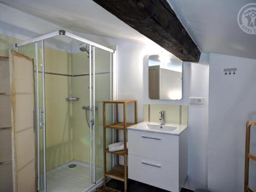een badkamer met een douche en een wastafel bij Gîte Cellieu, 4 pièces, 6 personnes - FR-1-496-8 in Cellieu