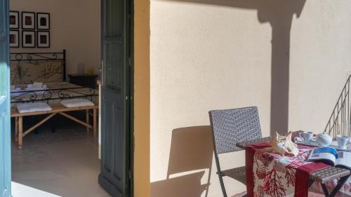 a room with a table and a cat sitting on a chair at Villa Il Casale Onifai in Onifai