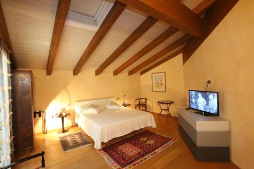 a bedroom with a bed and a flat screen tv at A Casa di Maria in Grinzane Cavour