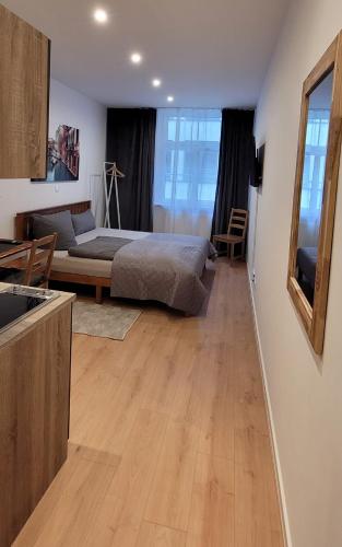 a large bedroom with a bed and a kitchen at City Pension Zwickau in Zwickau