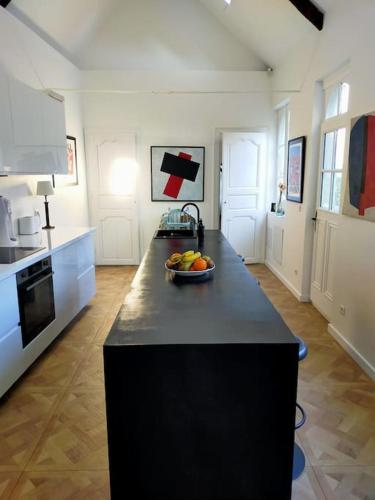 une cuisine avec un comptoir avec un bol de fruits dessus dans l'établissement Maison de charme 20min du Circuit 24H du Mans, au Mans