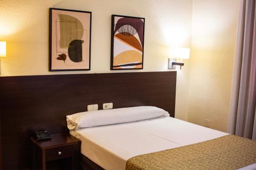 een slaapkamer met een bed met drie foto's aan de muur bij Hotel Tudanca-Aranda II in Aranda de Duero