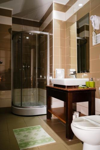 a bathroom with a shower and a sink and a toilet at HOTEL CRISS in Bucharest