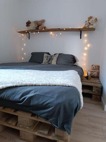 - une chambre dotée d'un lit avec des lumières sur le mur dans l'établissement T2 Ultra Cosy En Hypercentre, à Tarare