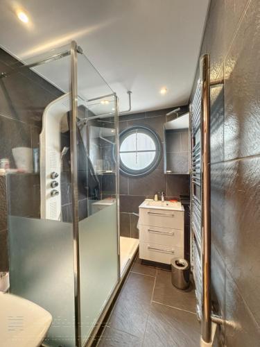 une salle de bain avec douche et lavabo dans l'établissement AGENCIA appartement 2 pièces au PALM-BEACH, à Cannes