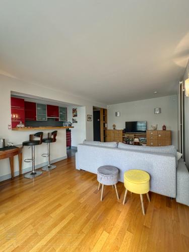 un salon avec un canapé et une cuisine dans l'établissement AGENCIA appartement 2 pièces au PALM-BEACH, à Cannes