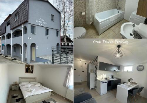 a collage of three pictures of a house at Jokai Apartments Nr7, code entry in Sfântu-Gheorghe