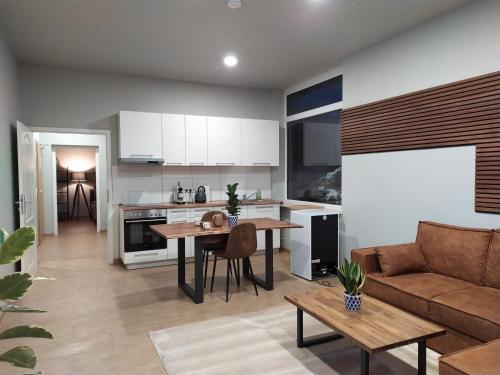 a kitchen and living room with a couch and a table at Andris Apartments in Stuttgart