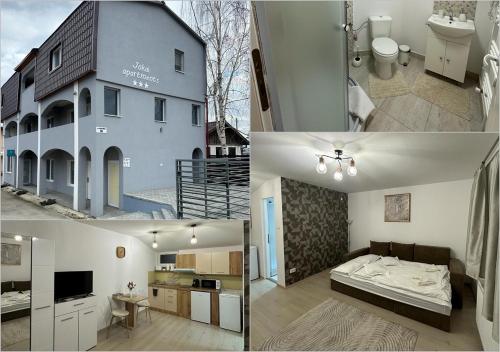 een collage van drie foto's van een huis bij Jokai Apartments Nr8, code entry in Sfântu-Gheorghe