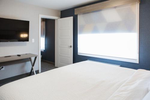 a bedroom with a bed with a window and a television at Holiday Inn Express & Suites Prince Albert - South by IHG in Prince Albert