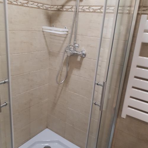 uma casa de banho com chuveiro e WC em Mini apart Žvėrynas em Vilnius