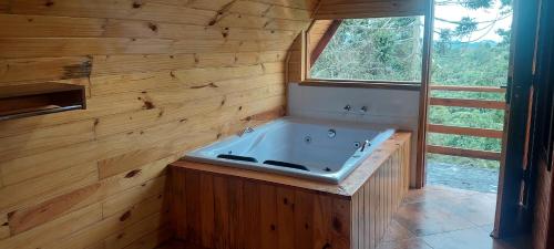 a bathroom with a tub in a wooden wall at Chale com hidromassagem da Vick in Campos do Jordão