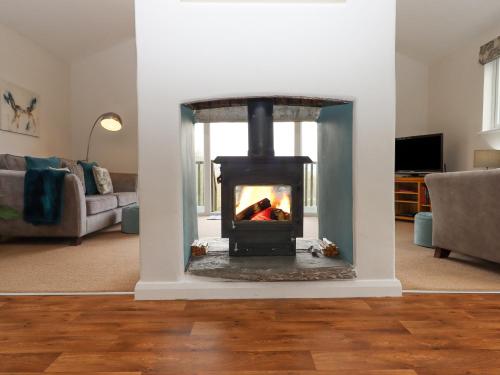 a living room with a fire place in a room at Hazelnut Lodge in Crediton