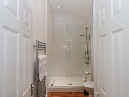 a white bathroom with a shower and a toilet at Hazelnut Lodge in Crediton