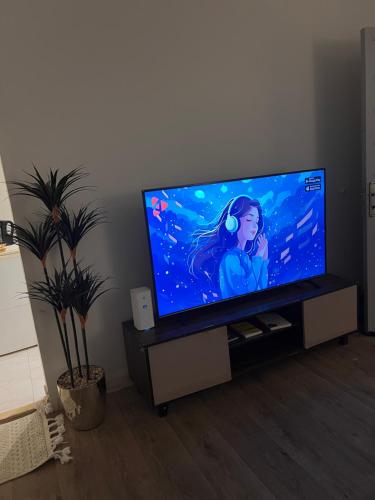 a flat screen tv sitting in a living room at استديو فلوريان in Riyadh