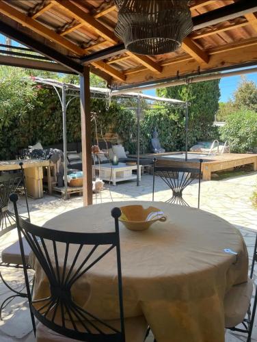 La douce Provençale في فير بونت دي غارد: فناء به طاولة وكراسي تحت سقف خشبي