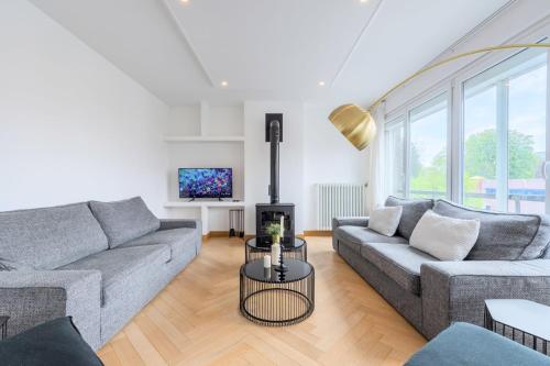 ein Wohnzimmer mit 2 Sofas und einem TV in der Unterkunft Large 130 m² 4-bedroom apartment in Lille