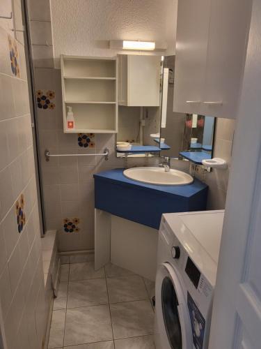 une salle de bain avec un lavabo et une machine à laver dans l'établissement Jolie appartement avec piscine privé, au Cap d'Agde