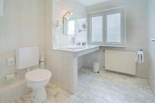 a bathroom with a toilet and a sink and a mirror at Hotel Kalenborner Höhe in Kalenborn