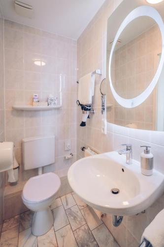 a bathroom with a sink and a toilet and a mirror at Hotel Kalenborner Höhe in Kalenborn