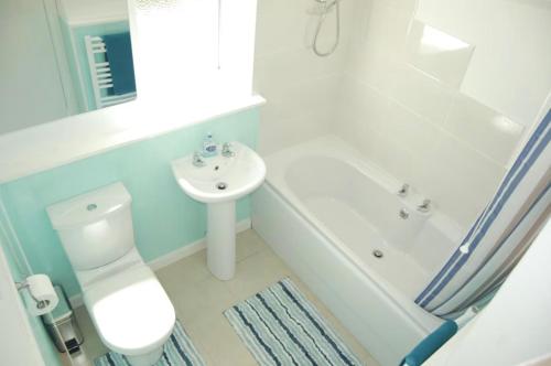 een badkamer met een wit toilet en een wastafel bij Lovely cottage in Snowdonia, private hot tub, by mountains & award winning beach in Fairbourne