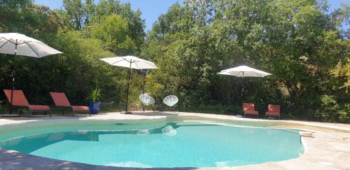 a swimming pool with two chairs and umbrellas at La Buisse in Simiane-la-Rotonde