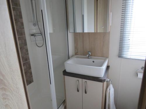 a small bathroom with a sink and a shower at Alphi 4 in Bude