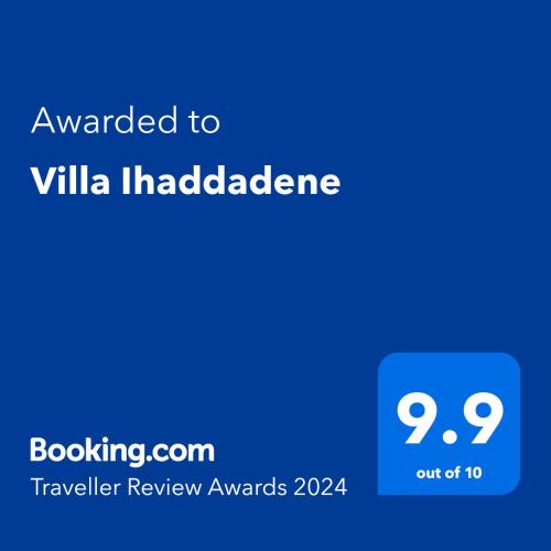 a blue text box with the words awarded to ville haddablishes at Villa Ihaddadene in Nador
