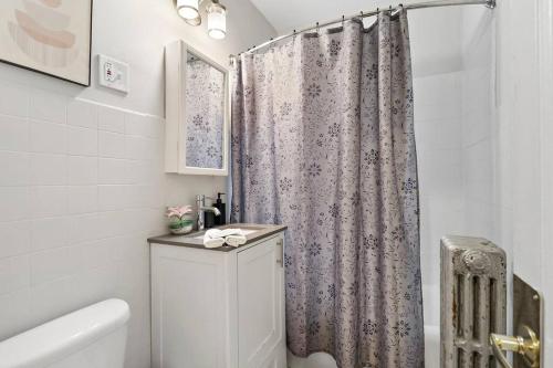 a bathroom with a shower curtain and a toilet at City Charm Studio Apt in Chicago - Kenwood 205 in Chicago