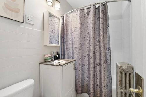 a bathroom with a shower curtain and a toilet at City Charm Studio Apartment - Kenwood 205 in Chicago