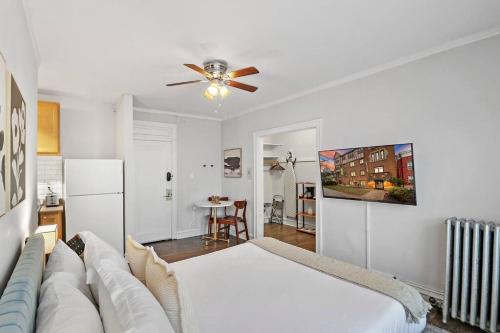 a living room with a couch and a ceiling fan at City Charm Studio Apt in Chicago - Kenwood 205 in Chicago