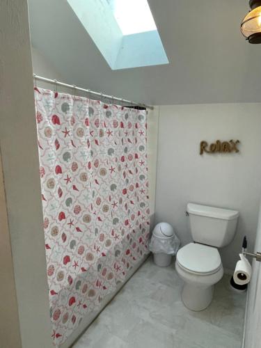 La salle de bains est pourvue de toilettes et d'un rideau de douche. dans l'établissement Oceanfront Studio/Loft: Alpacas, Oysters & Kayaks, à Shelton