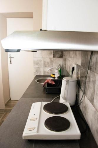 a kitchen with a white stove top in a kitchen at Apartments Borovo in Subotica