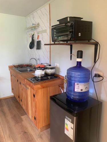 een keuken met een fles water bovenop een koelkast bij cabaña del bosque in Villarrica