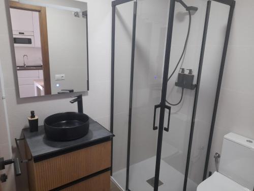 a bathroom with a sink and a glass shower at L'Amagatall in Ahín