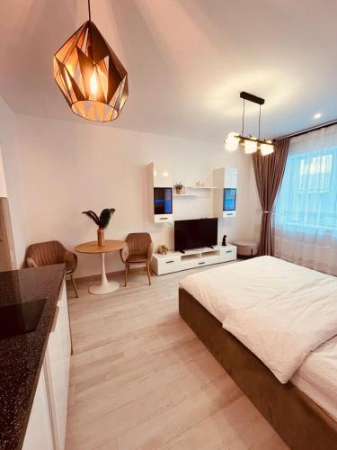 a large bedroom with a bed and a table at Sudului ApartHotel in Bucharest