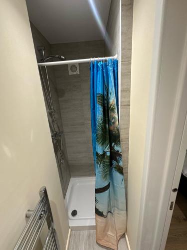 a shower with a blue shower curtain in a bathroom at L-Houses in Dagenham