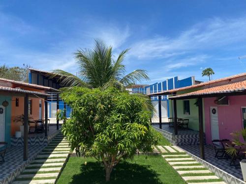 a palm tree in front of a row of houses at Meu Xodó Pousada in Piranhas