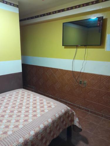 a bedroom with a bed and a flat screen tv at Santa Fe in Oruro
