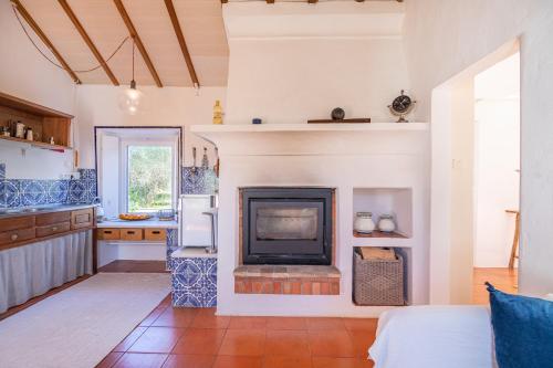 a living room with a fireplace and a kitchen at CASAVADIA melides in Melides