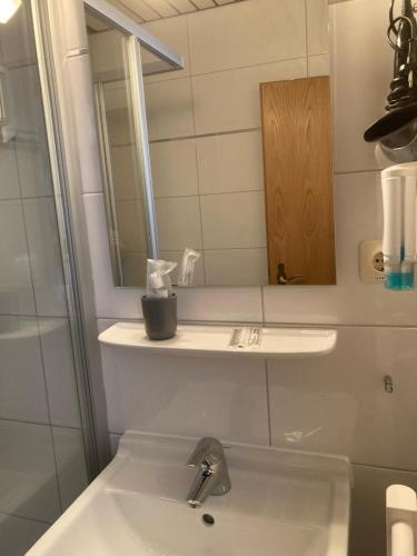a bathroom with a sink and a mirror at Hotel Zum Weissen Mohren in Walluf