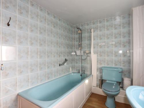 a bathroom with a blue bath tub and a toilet at The Stables in Llandyfrydog