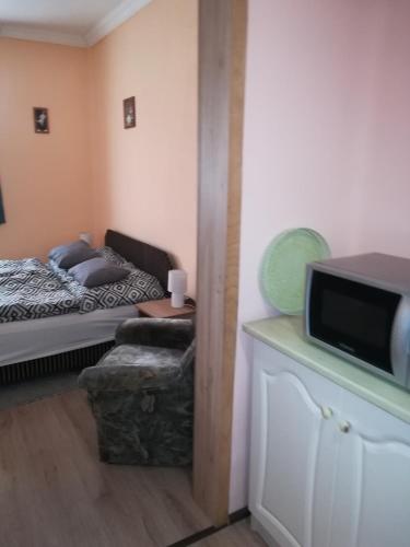 Cette petite chambre comprend un lit et une télévision. dans l'établissement Bogi vendégház, à Mezőkövesd